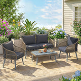 Poly Rattan Wicker 4 Pieces Garden Sofa Set With Loveseat And Armchairs - Velmora