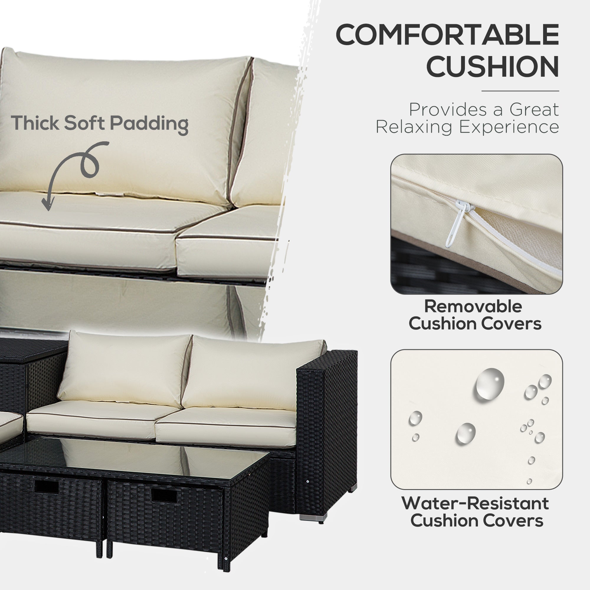 Poly Rattan Wicker 4 Pieces Garden Sofa Set With Storage Box and Glass Top Table - Velmora