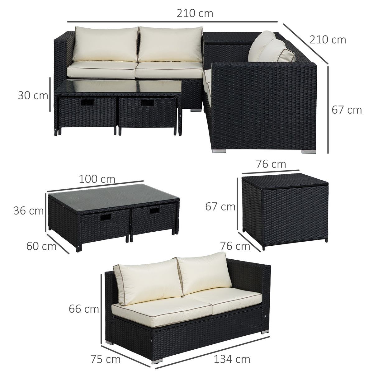 Poly Rattan Wicker 4 Pieces Garden Sofa Set With Storage Box and Glass Top Table - Velmora