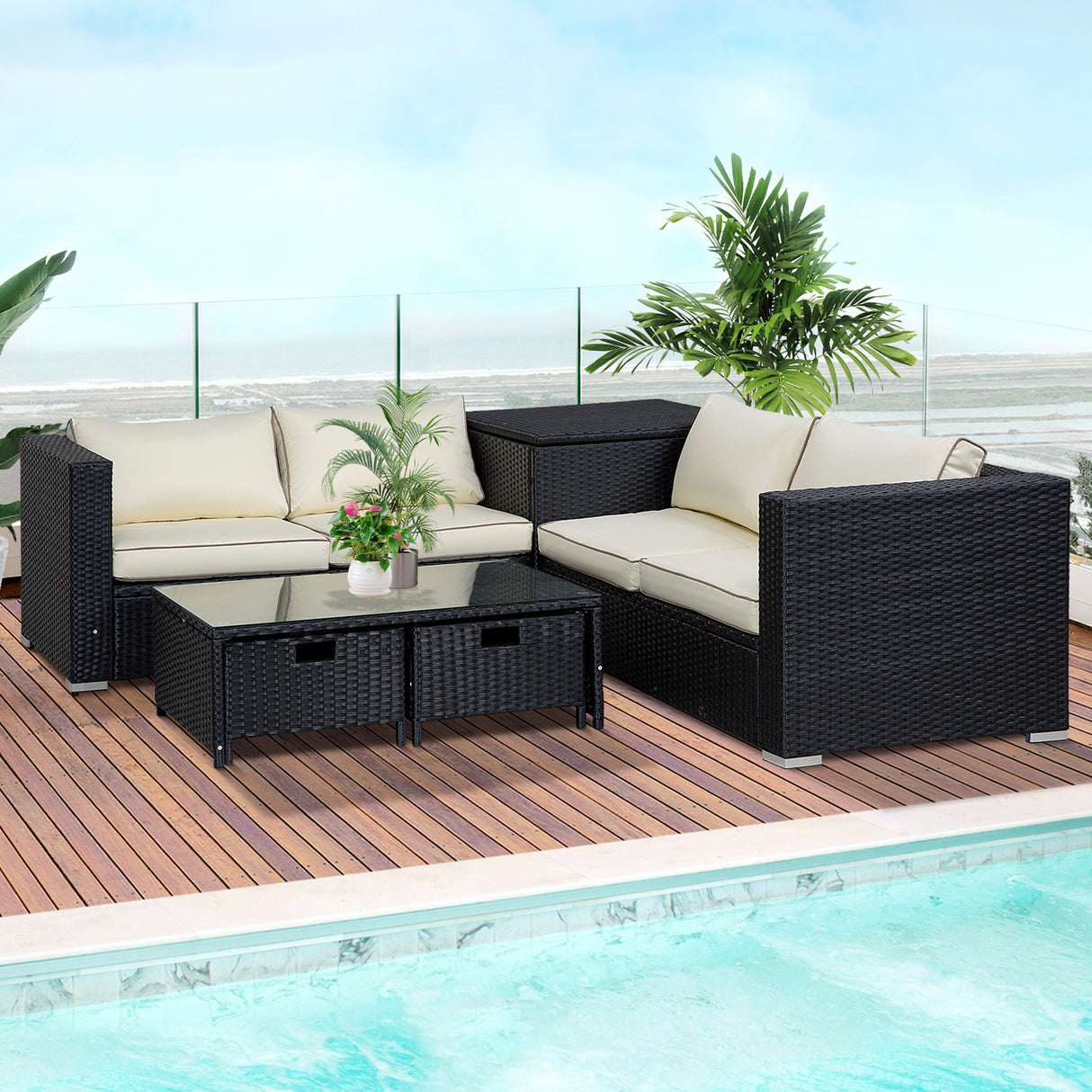 Poly Rattan Wicker 4 Pieces Garden Sofa Set With Storage Box and Glass Top Table - Velmora
