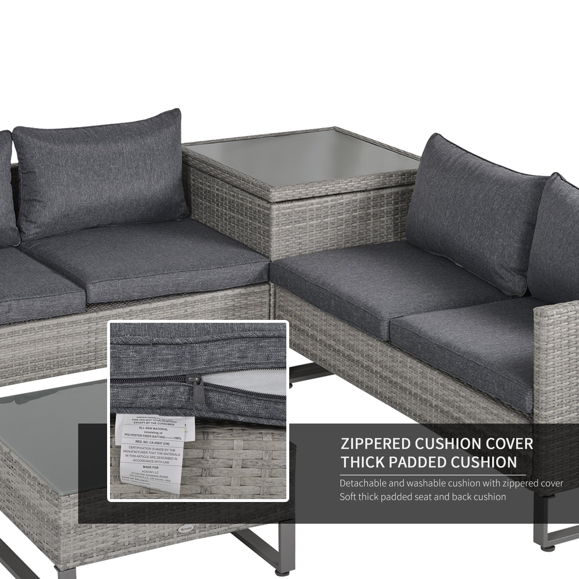 Poly Rattan Wicker 4 Pieces Garden Sofa Set With Storage Box and Glass Top Table - Velmora