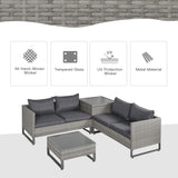Poly Rattan Wicker 4 Pieces Garden Sofa Set With Storage Box and Glass Top Table - Velmora