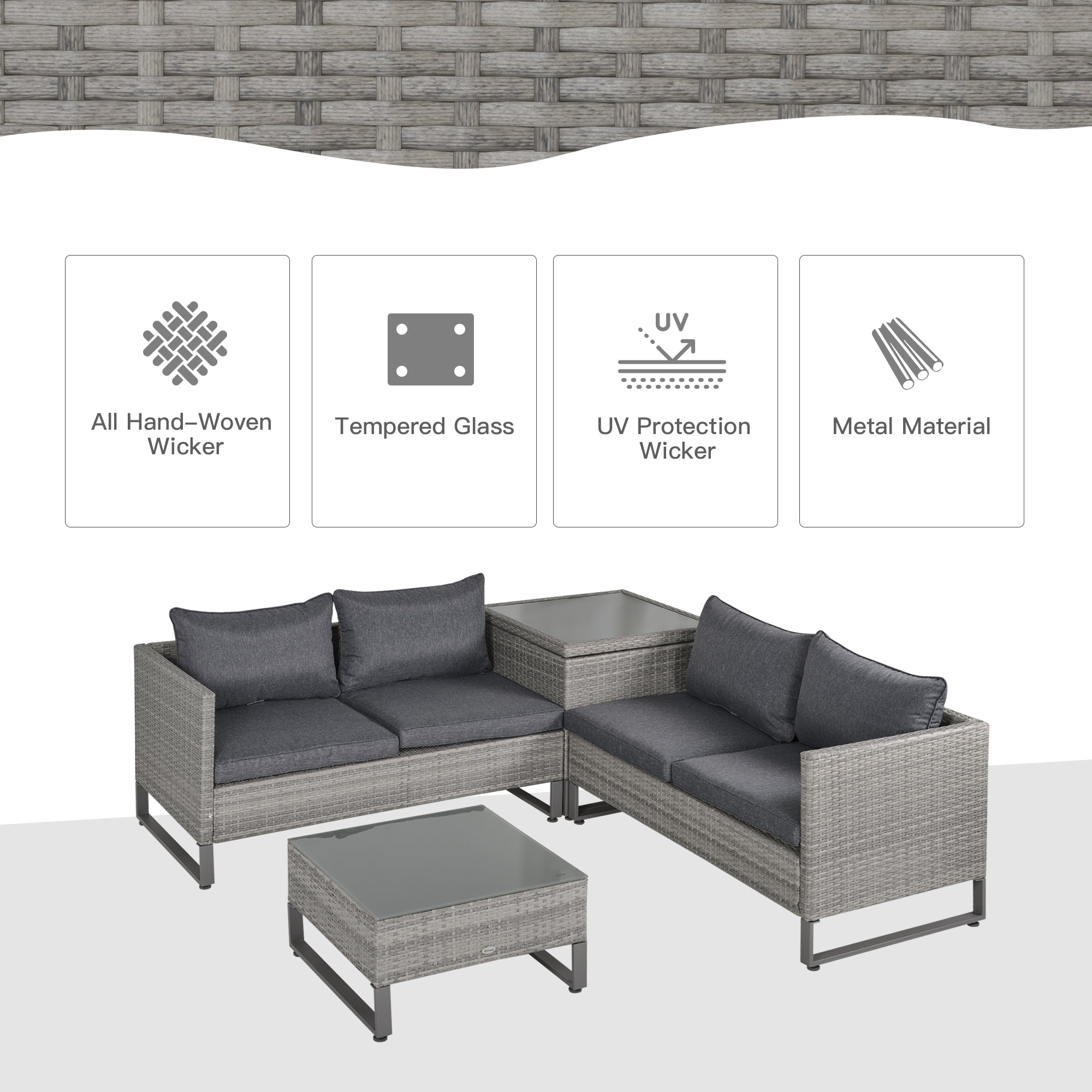 Poly Rattan Wicker 4 Pieces Garden Sofa Set With Storage Box and Glass Top Table - Velmora