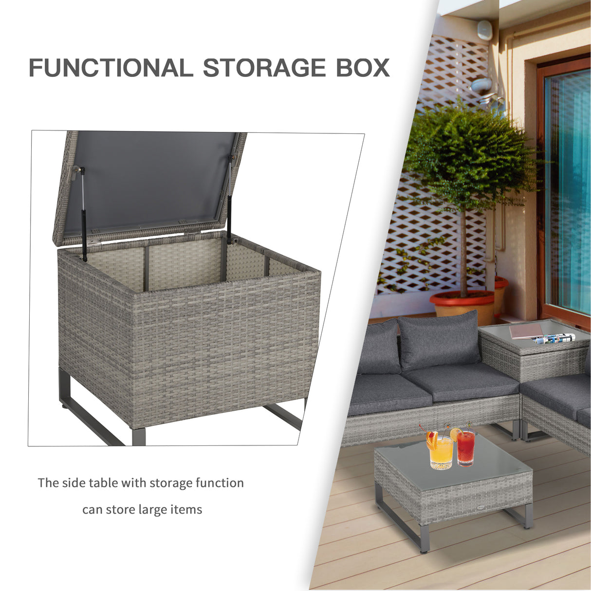 Poly Rattan Wicker 4 Pieces Garden Sofa Set With Storage Box and Glass Top Table - Velmora
