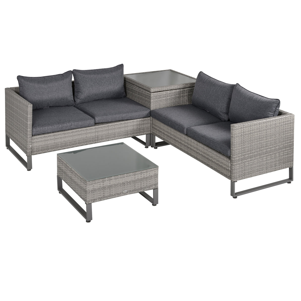 Poly Rattan Wicker 4 Pieces Garden Sofa Set With Storage Box and Glass Top Table - Velmora