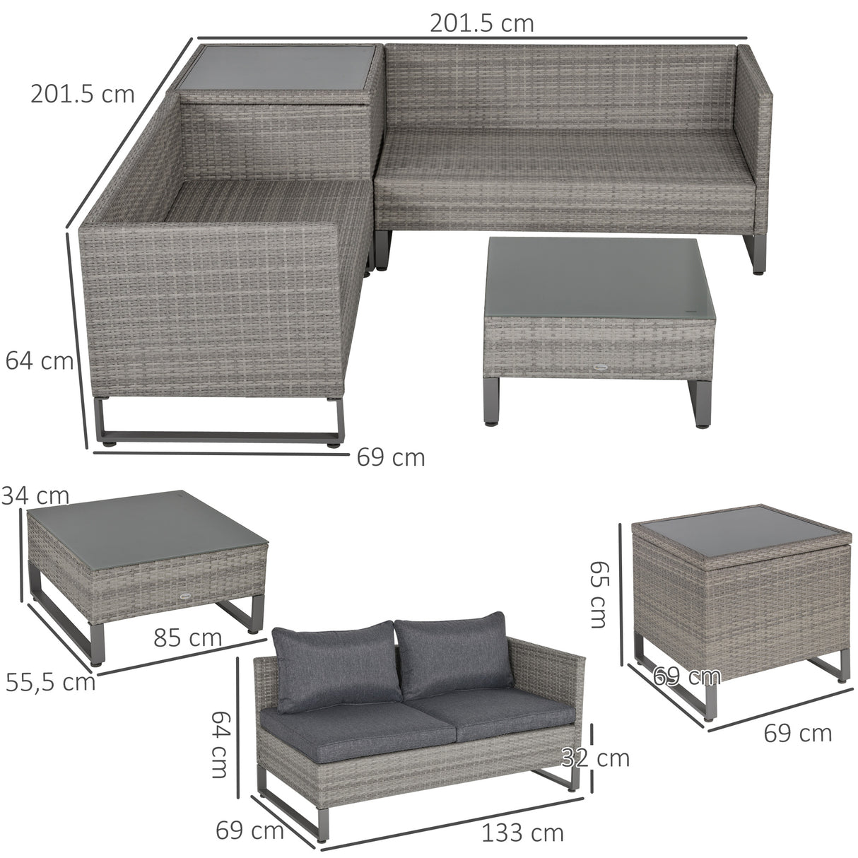 Poly Rattan Wicker 4 Pieces Garden Sofa Set With Storage Box and Glass Top Table - Velmora