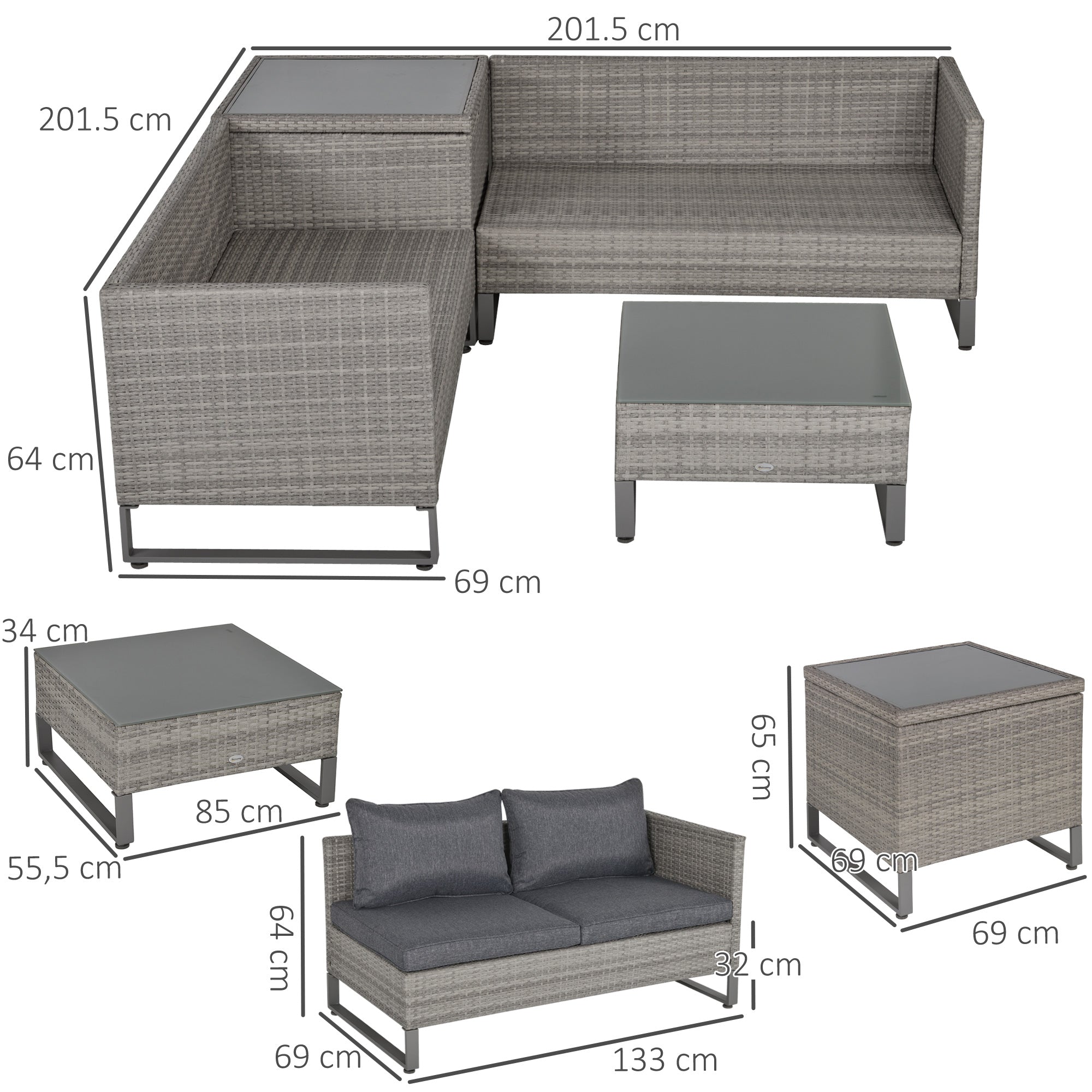 Poly Rattan Wicker 4 Pieces Garden Sofa Set With Storage Box and Glass Top Table - Velmora