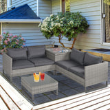 Poly Rattan Wicker 4 Pieces Garden Sofa Set With Storage Box and Glass Top Table - Velmora