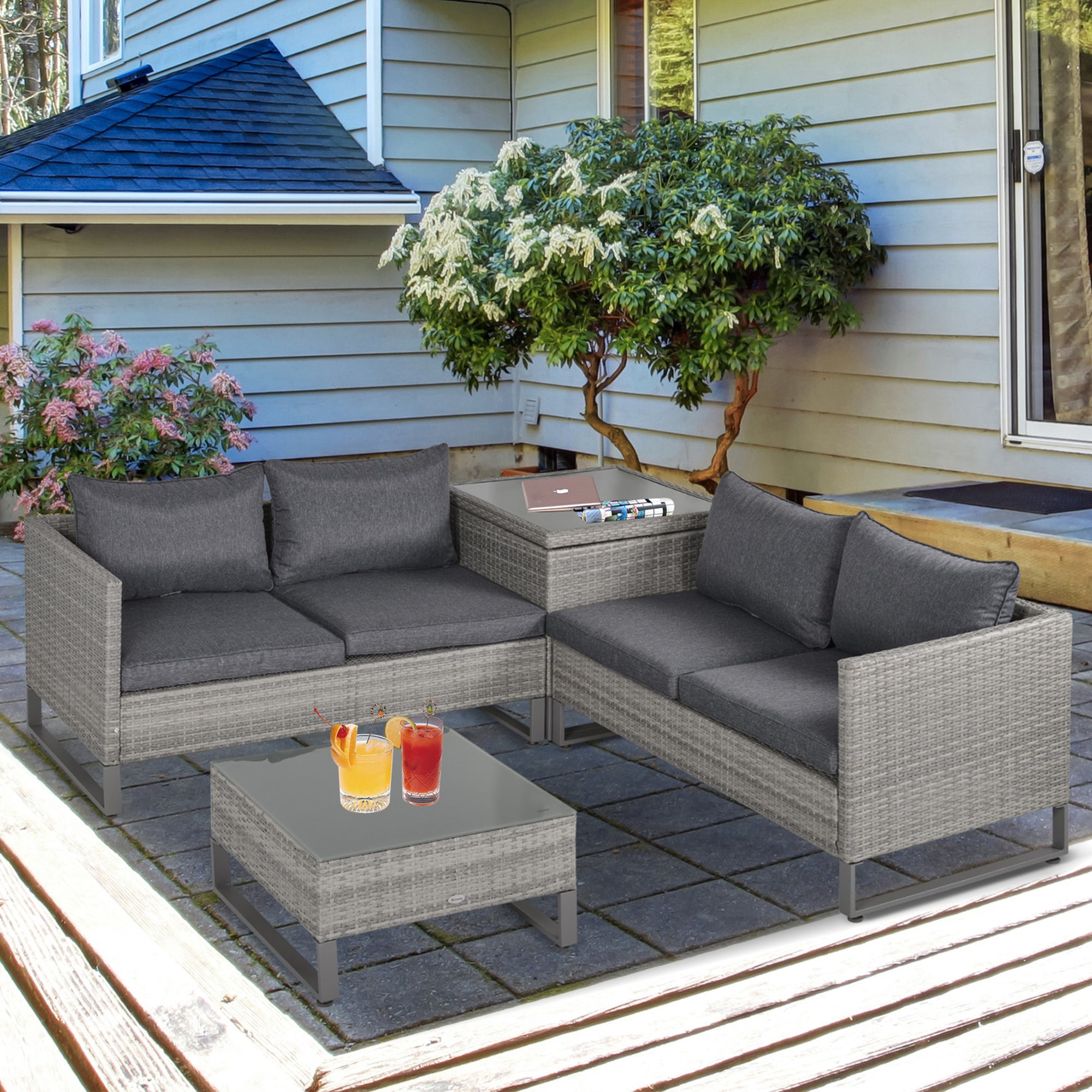 Poly Rattan Wicker 4 Pieces Garden Sofa Set With Storage Box and Glass Top Table - Velmora