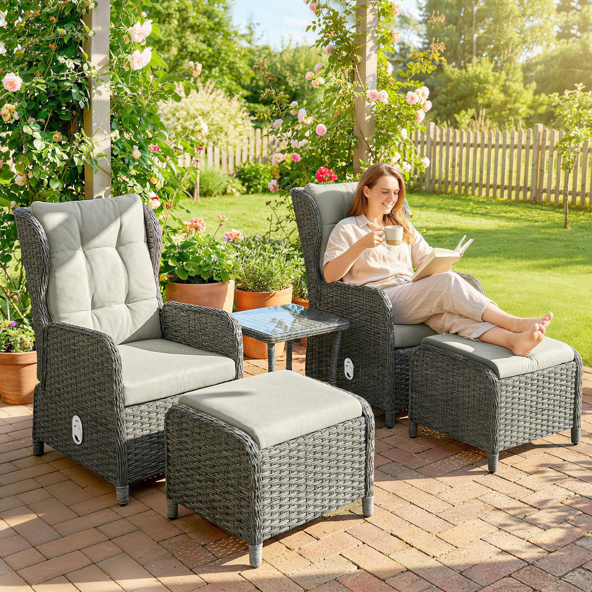 Poly Rattan Wicker 5 Pieces Garden Bistro Set With Reclining Armchairs - Velmora