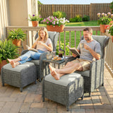 Poly Rattan Wicker 5 Pieces Garden Bistro Set With Reclining Armchairs - Velmora