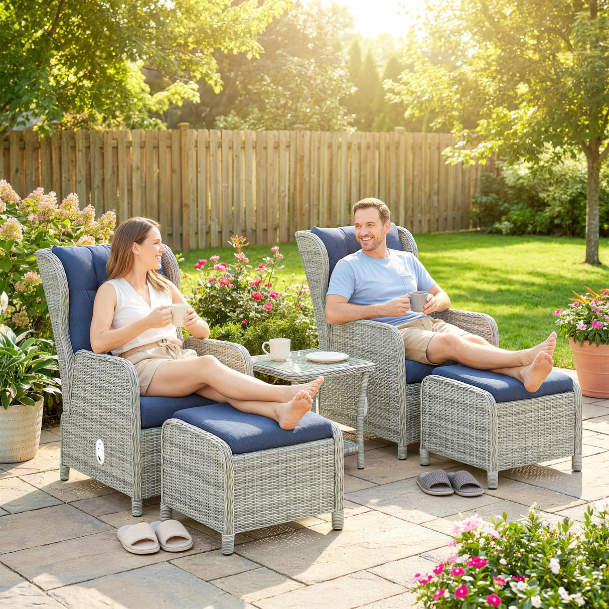 Poly Rattan Wicker 5 Pieces Garden Bistro Set With Reclining Armchairs - Velmora