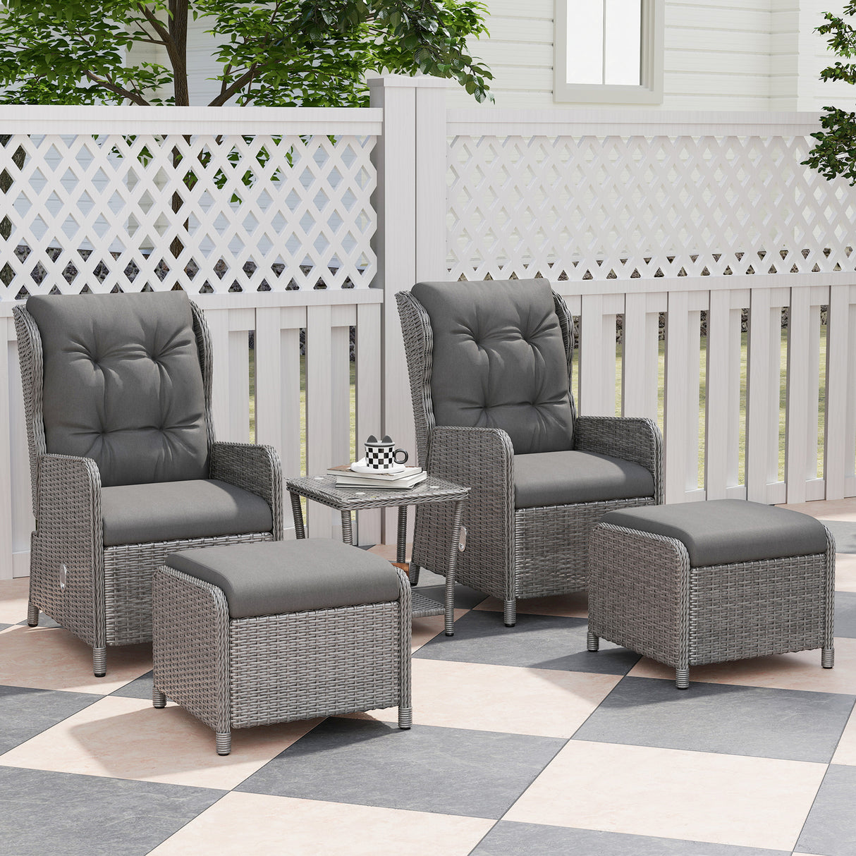 Poly Rattan Wicker 5 Pieces Garden Bistro Set With Reclining Armchairs - Velmora