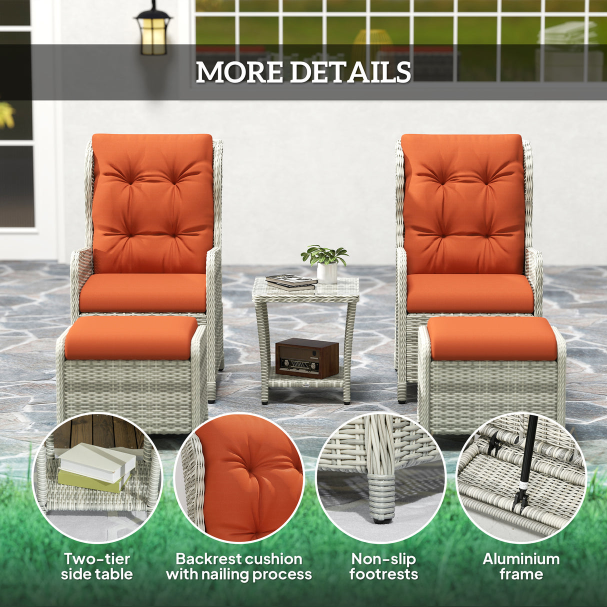 Poly Rattan Wicker 5 Pieces Garden Bistro Set With Reclining Armchairs - Velmora
