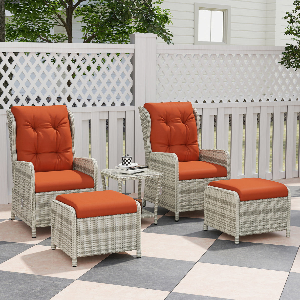 Poly Rattan Wicker 5 Pieces Garden Bistro Set With Reclining Armchairs - Velmora