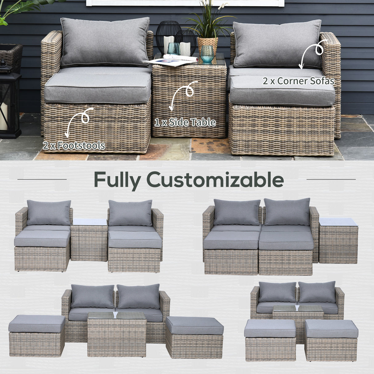 Poly Rattan Wicker 5 Pieces Garden Sofa Set in Aluminium Frame - Velmora