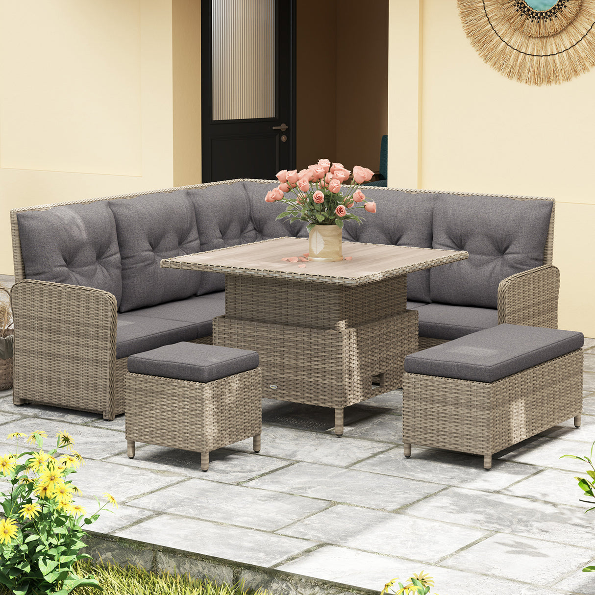 Poly Rattan Wicker 6 Pieces Garden Sofa Set and Liftable Coffee Table - Velmora