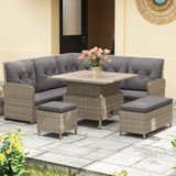 Poly Rattan Wicker 6 Pieces Garden Sofa Set and Liftable Coffee Table - Velmora