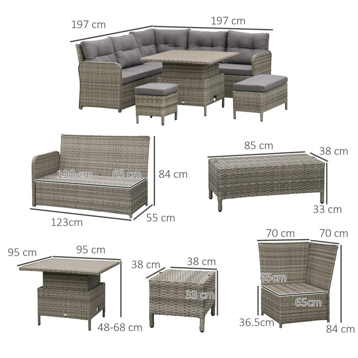 Poly Rattan Wicker 6 Pieces Garden Sofa Set and Liftable Coffee Table - Velmora
