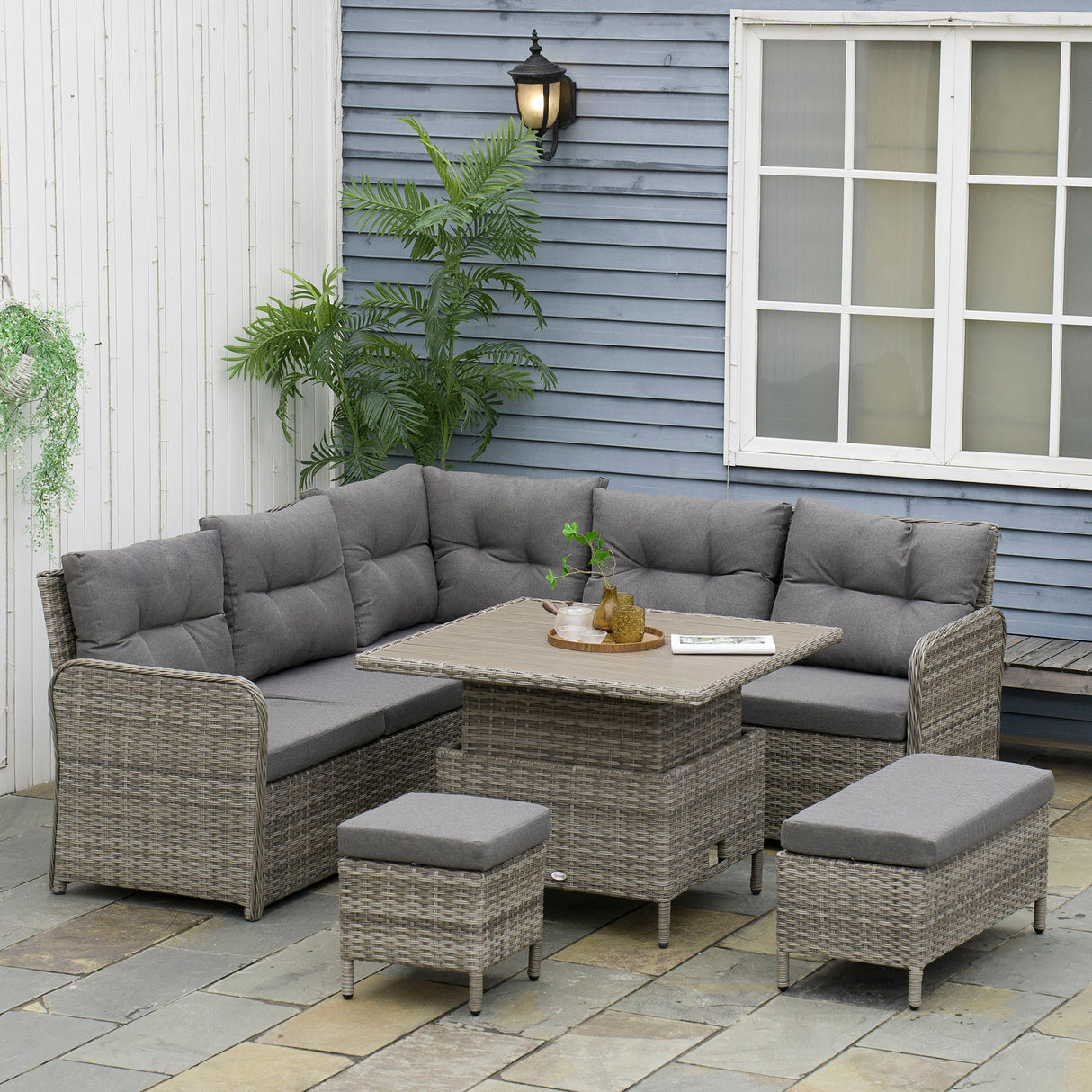 Poly Rattan Wicker 6 Pieces Garden Sofa Set and Liftable Coffee Table - Velmora