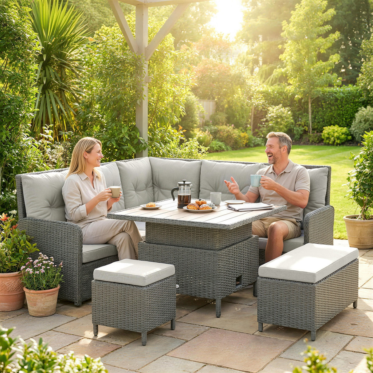 Poly Rattan Wicker 6 Pieces Garden Sofa Set and Liftable Coffee Table - Velmora
