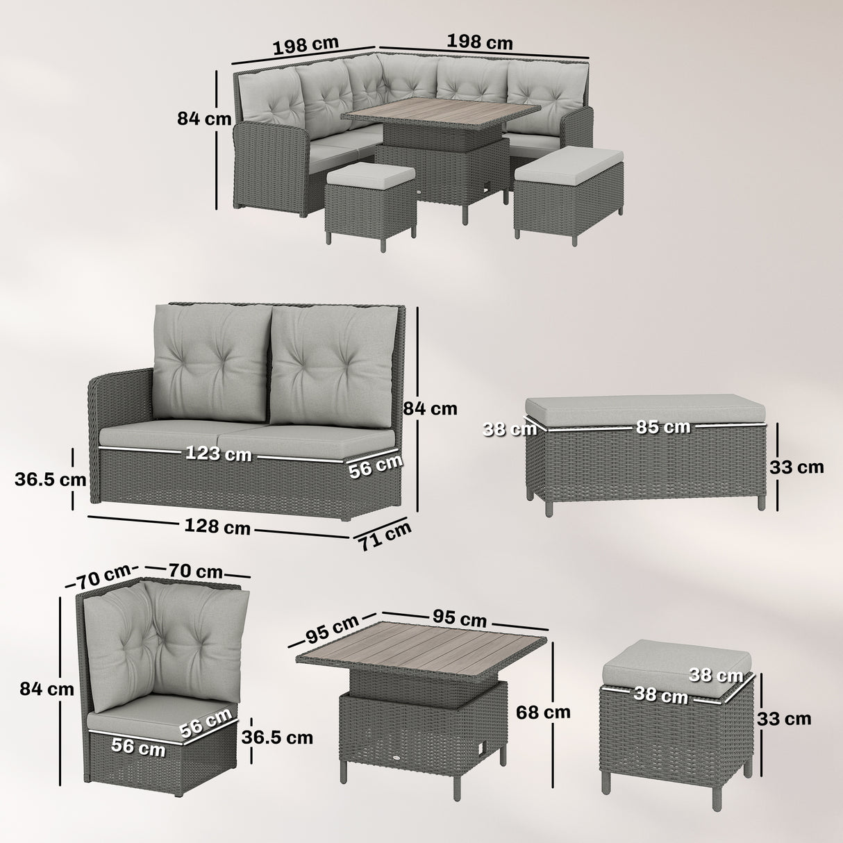 Poly Rattan Wicker 6 Pieces Garden Sofa Set and Liftable Coffee Table - Velmora