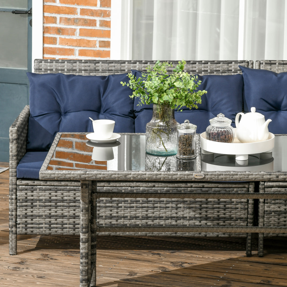Poly Rattan Wicker 7 Seater Garden Sofa Set With Glass Table - Velmora