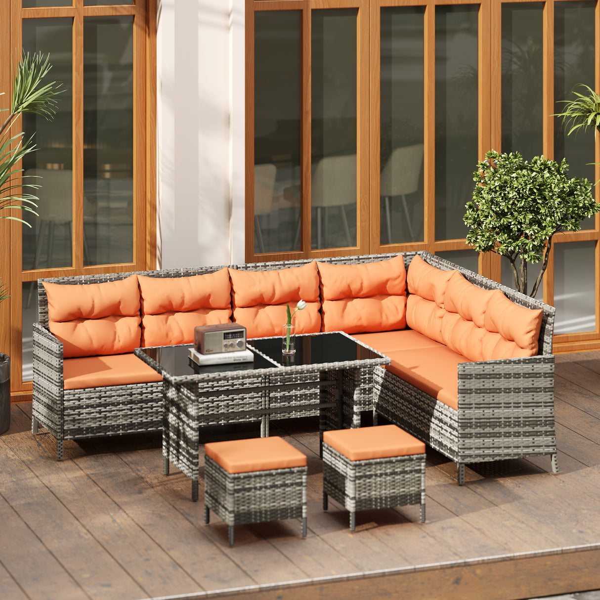 Poly Rattan Wicker 7 Seater Garden Sofa Set With Glass Table - Velmora