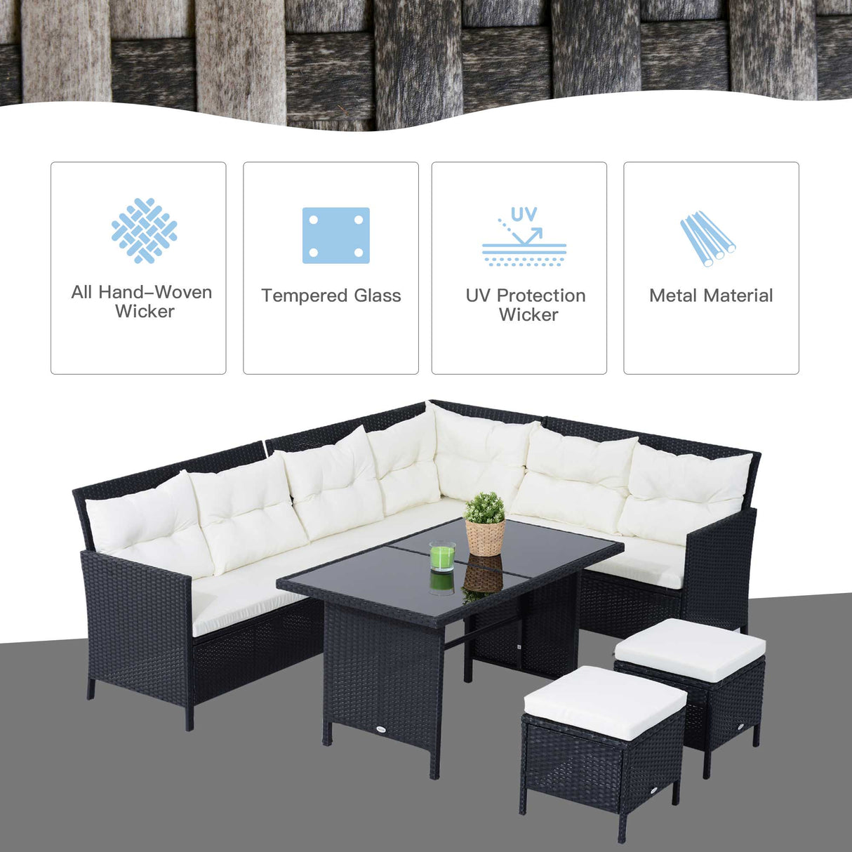 Poly Rattan Wicker 7 Seater Garden Sofa Set With Glass Table - Velmora