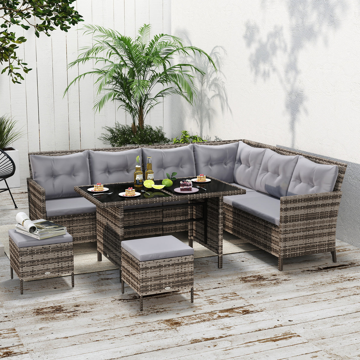 Poly Rattan Wicker 7 Seater Garden Sofa Set With Glass Table - Velmora