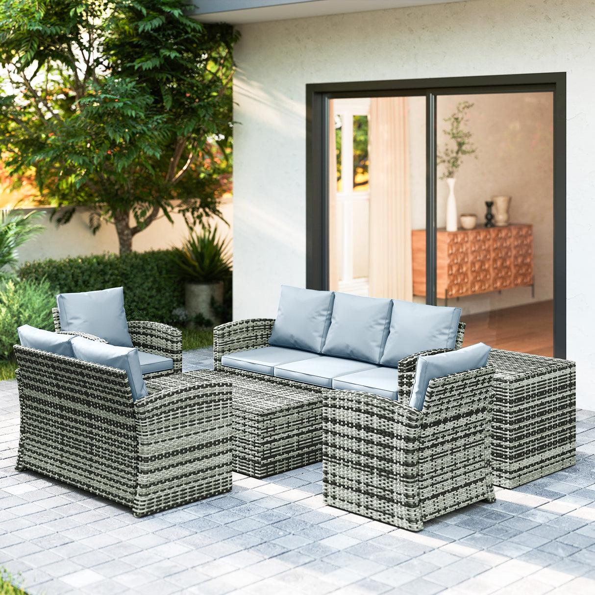 Poly Rattan Wicker 7 Seater Garden Sofa Set With Storage Coffee Table - Velmora