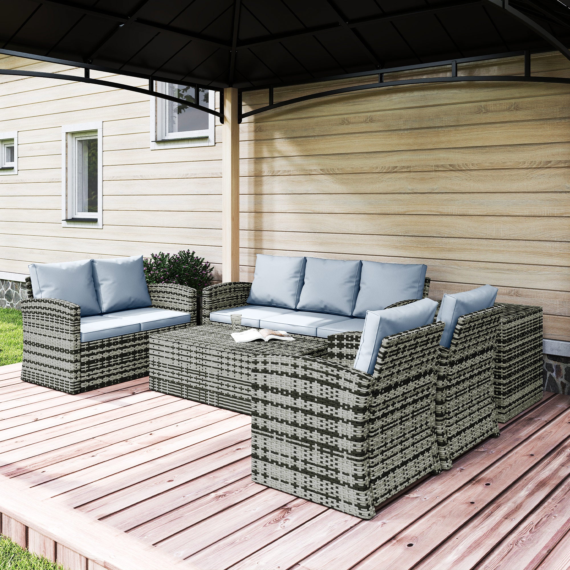 Poly Rattan Wicker 7 Seater Garden Sofa Set With Storage Coffee Table - Velmora
