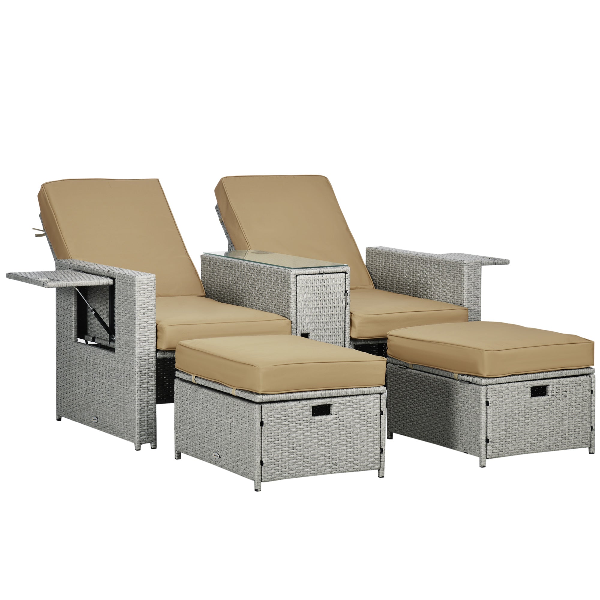 Poly Rattan Wicker Adjustable Recliner Sun Lounger Set of 2 With Storage Side Table - Velmora