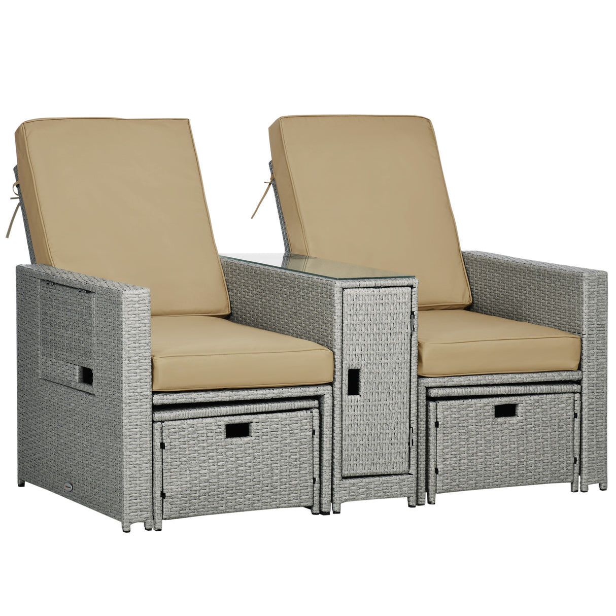 Poly Rattan Wicker Adjustable Recliner Sun Lounger Set of 2 With Storage Side Table - Velmora