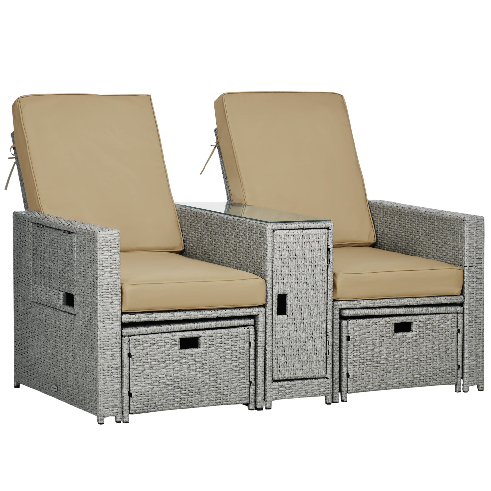 Poly Rattan Wicker Adjustable Recliner Sun Lounger Set of 2 With Storage Side Table - Velmora