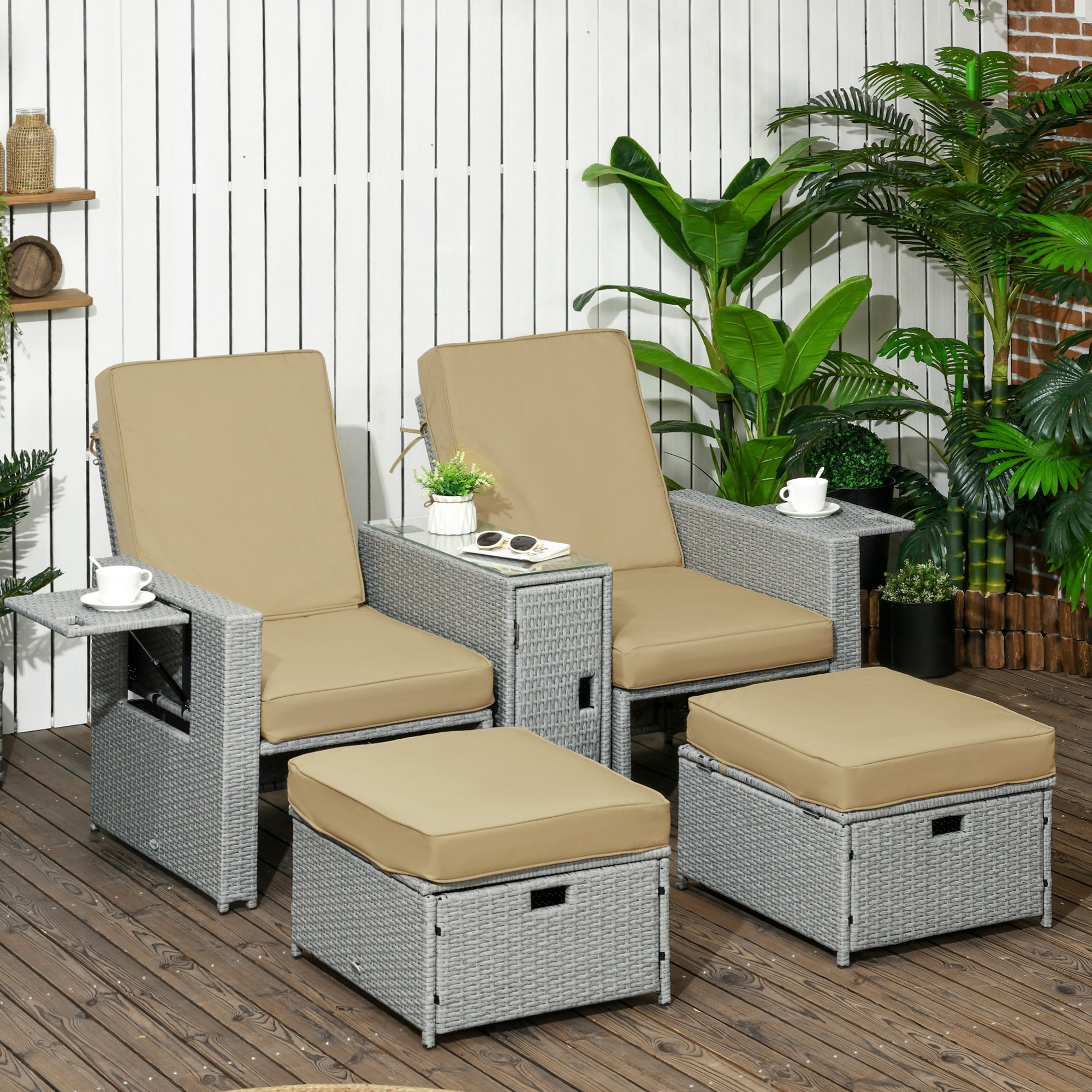 Poly Rattan Wicker Adjustable Recliner Sun Lounger Set of 2 With Storage Side Table - Velmora