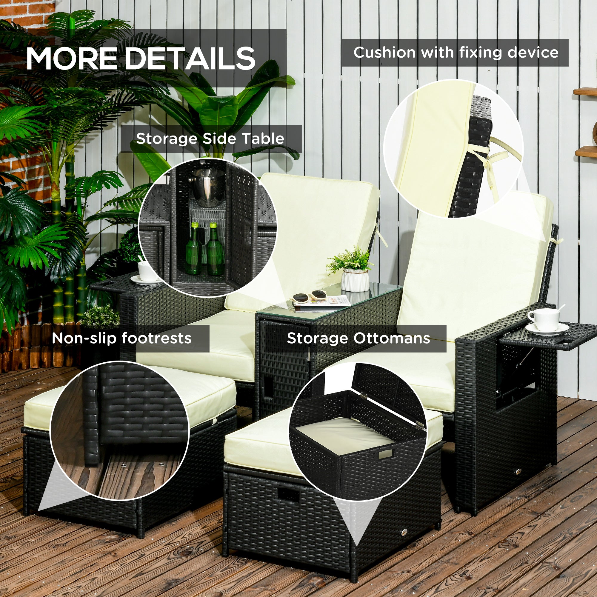 Poly Rattan Wicker Adjustable Recliner Sun Lounger Set of 2 With Storage Side Table - Velmora