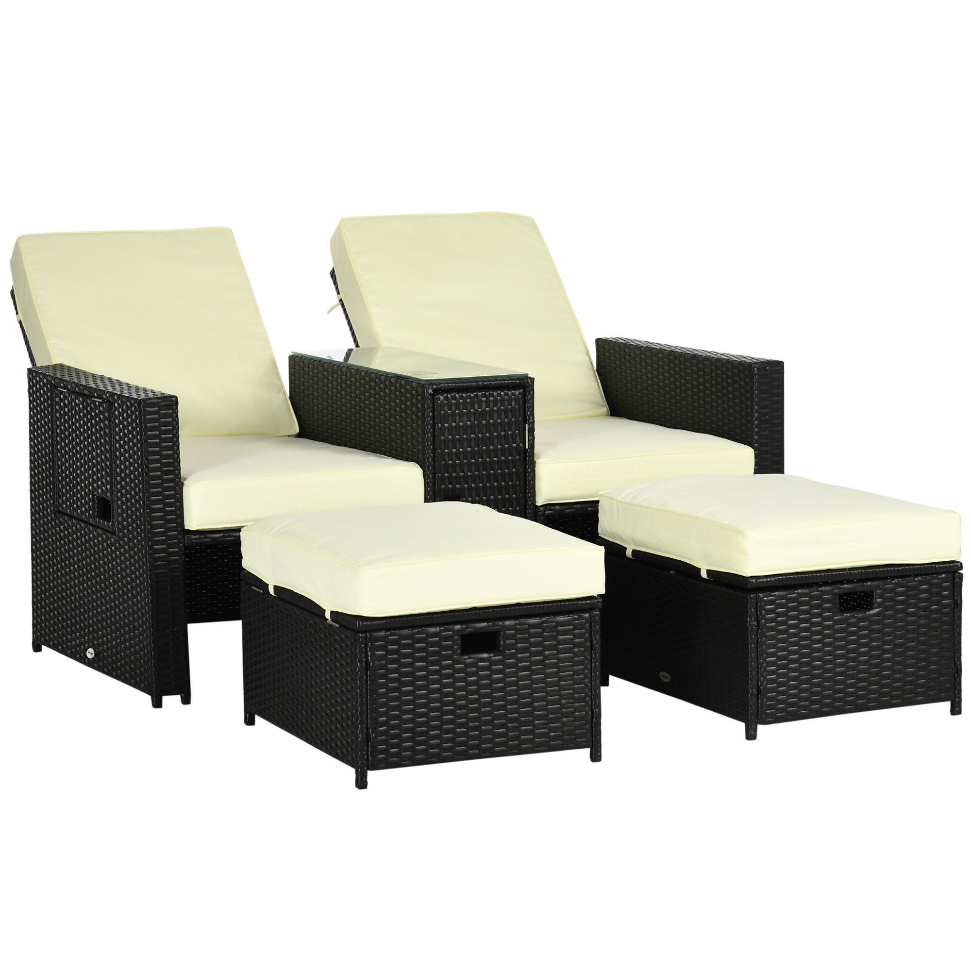 Poly Rattan Wicker Adjustable Recliner Sun Lounger Set of 2 With Storage Side Table - Velmora