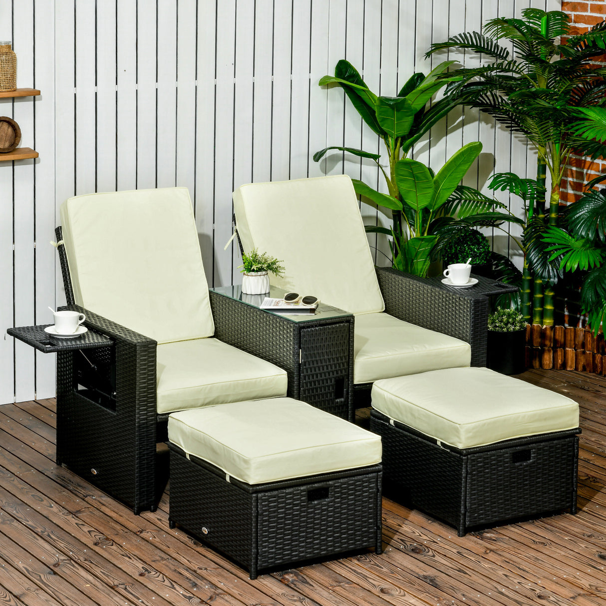 Poly Rattan Wicker Adjustable Recliner Sun Lounger Set of 2 With Storage Side Table - Velmora