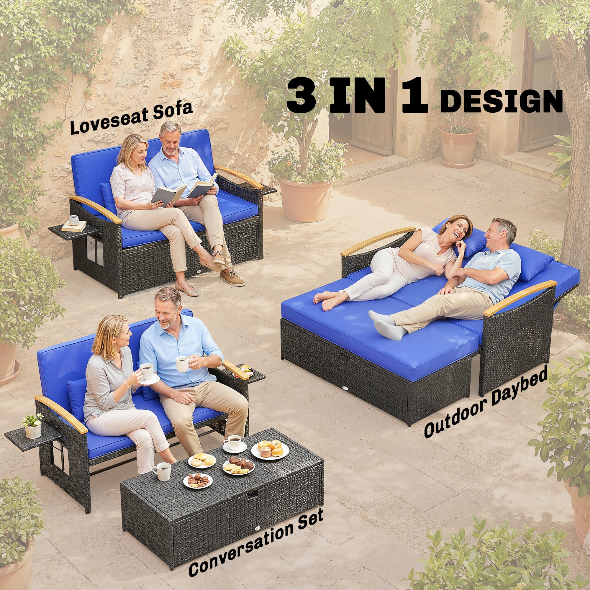 Poly Rattan Wicker Double Garden Sun Daybed With Storage Ottoman - Velmora