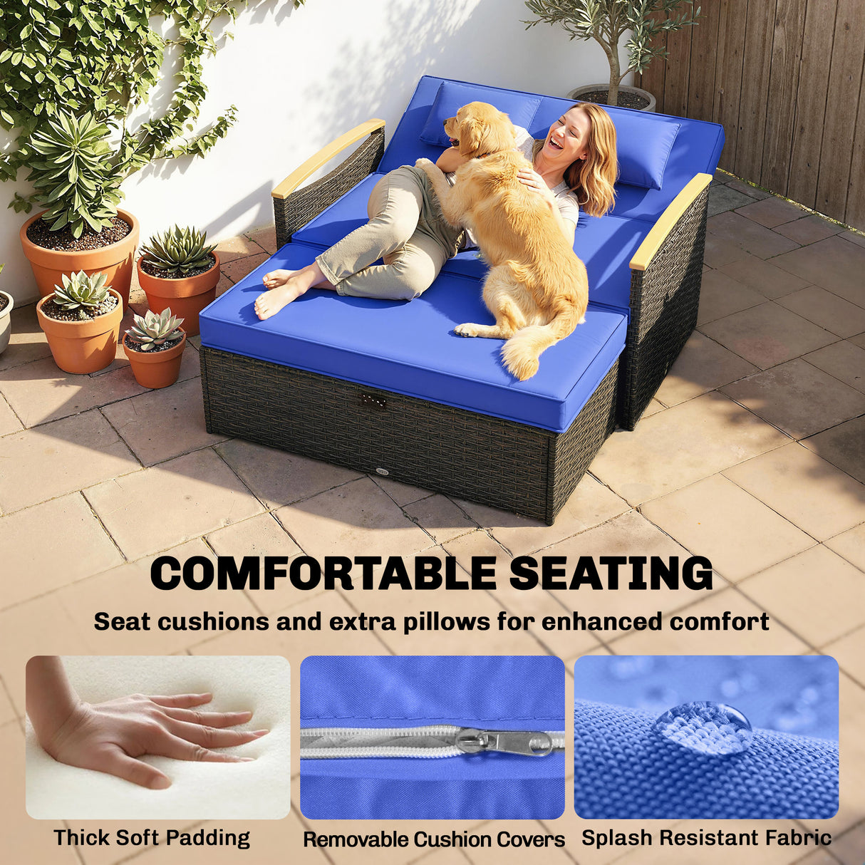 Poly Rattan Wicker Double Garden Sun Daybed With Storage Ottoman - Velmora