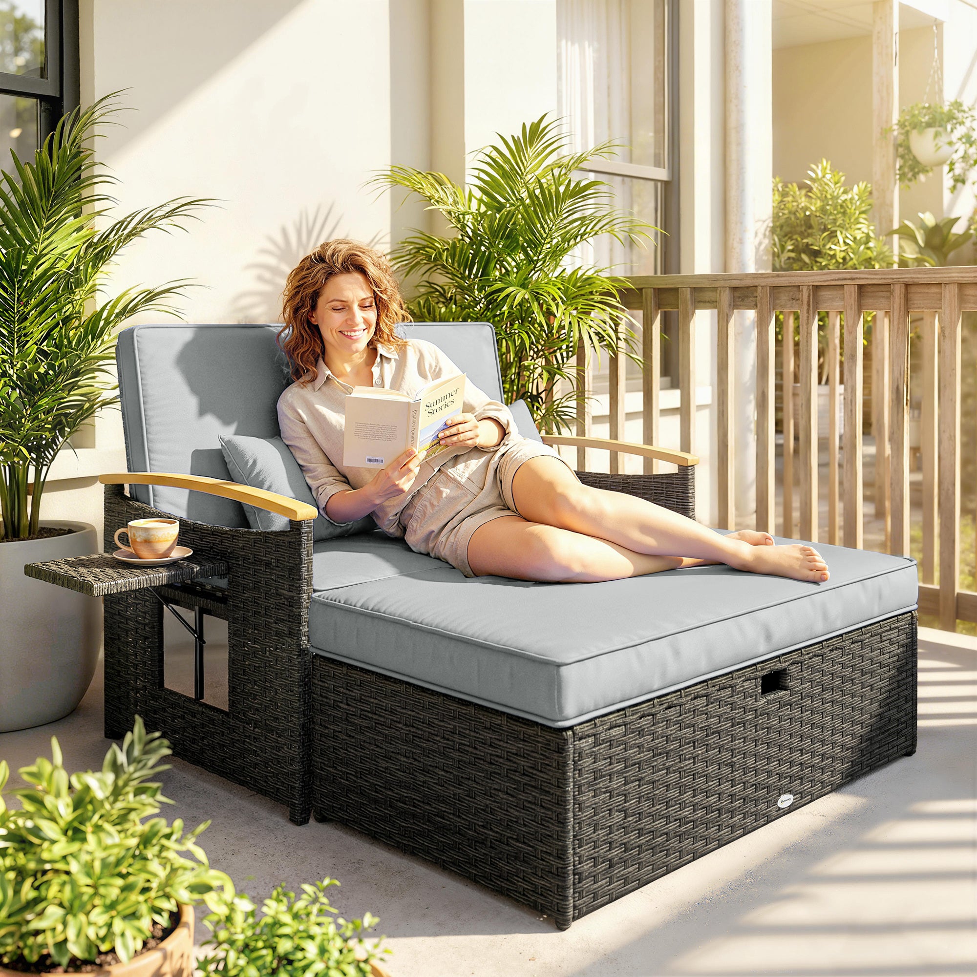 Poly Rattan Wicker Double Garden Sun Daybed With Storage Ottoman - Velmora