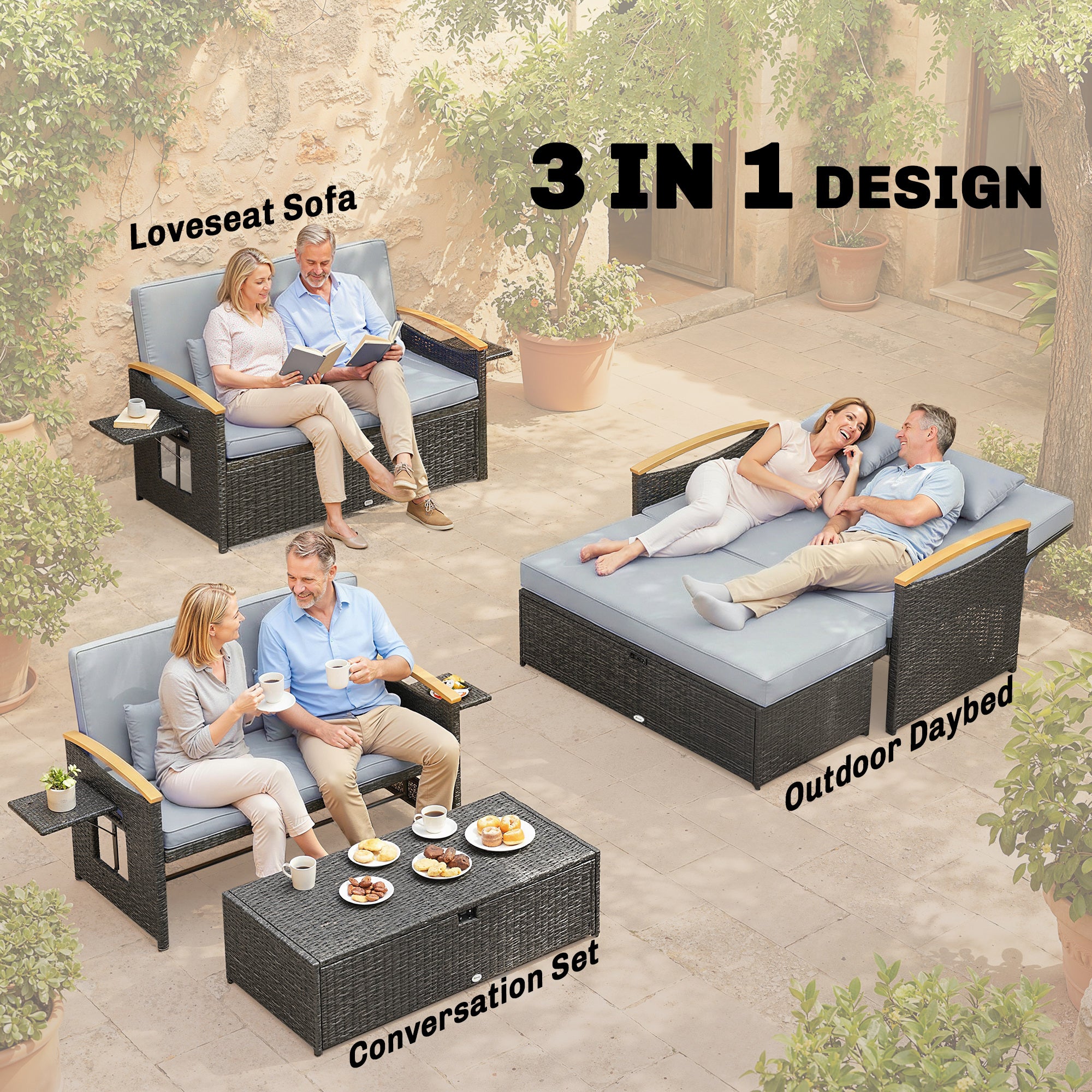 Poly Rattan Wicker Double Garden Sun Daybed With Storage Ottoman - Velmora
