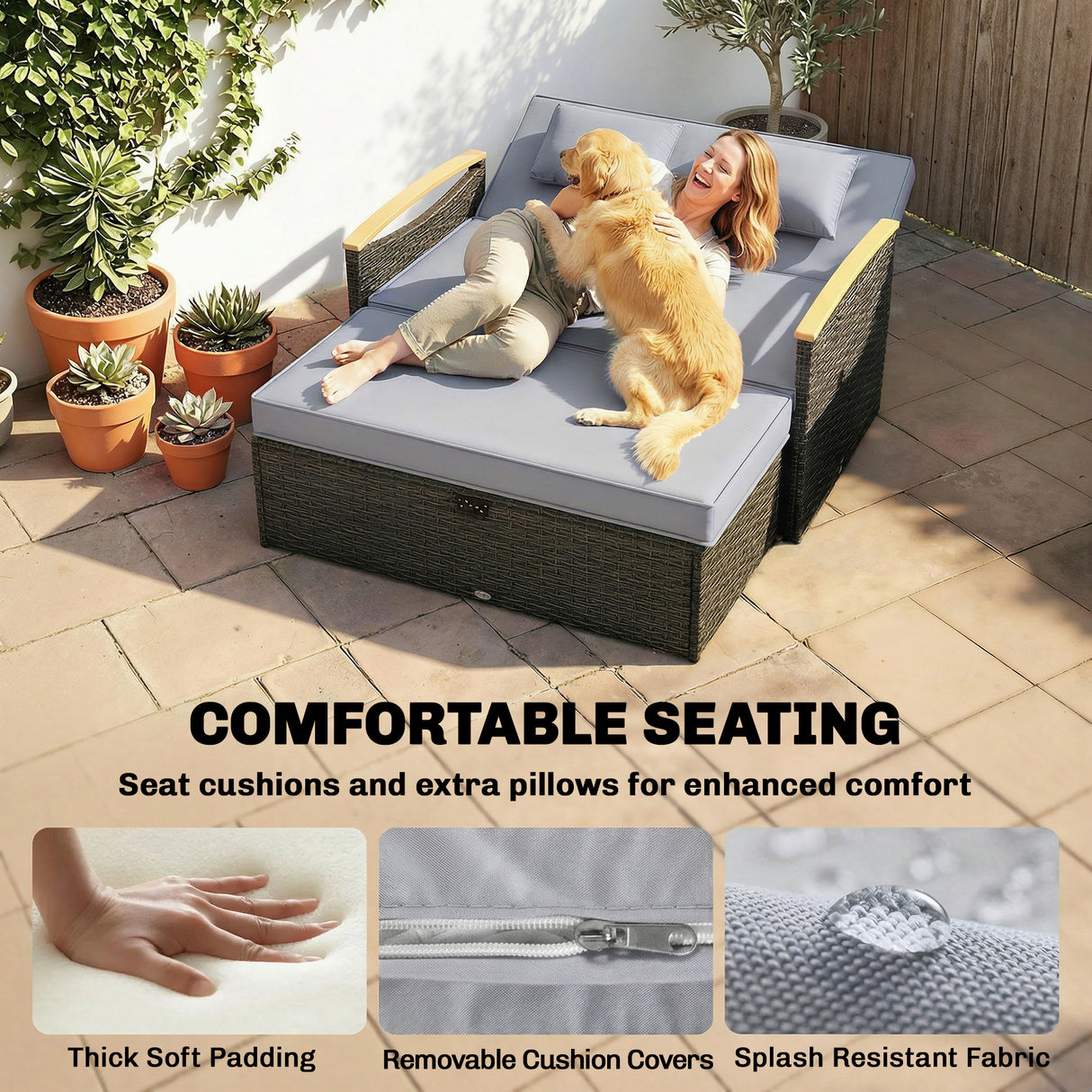 Poly Rattan Wicker Double Garden Sun Daybed With Storage Ottoman - Velmora
