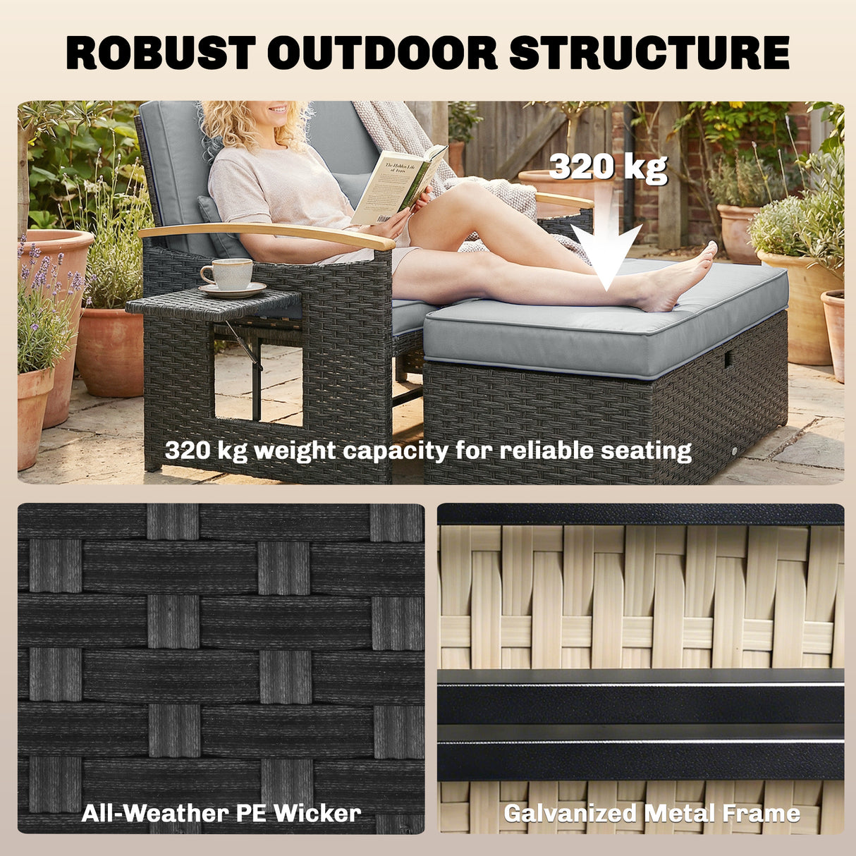 Poly Rattan Wicker Double Garden Sun Daybed With Storage Ottoman - Velmora
