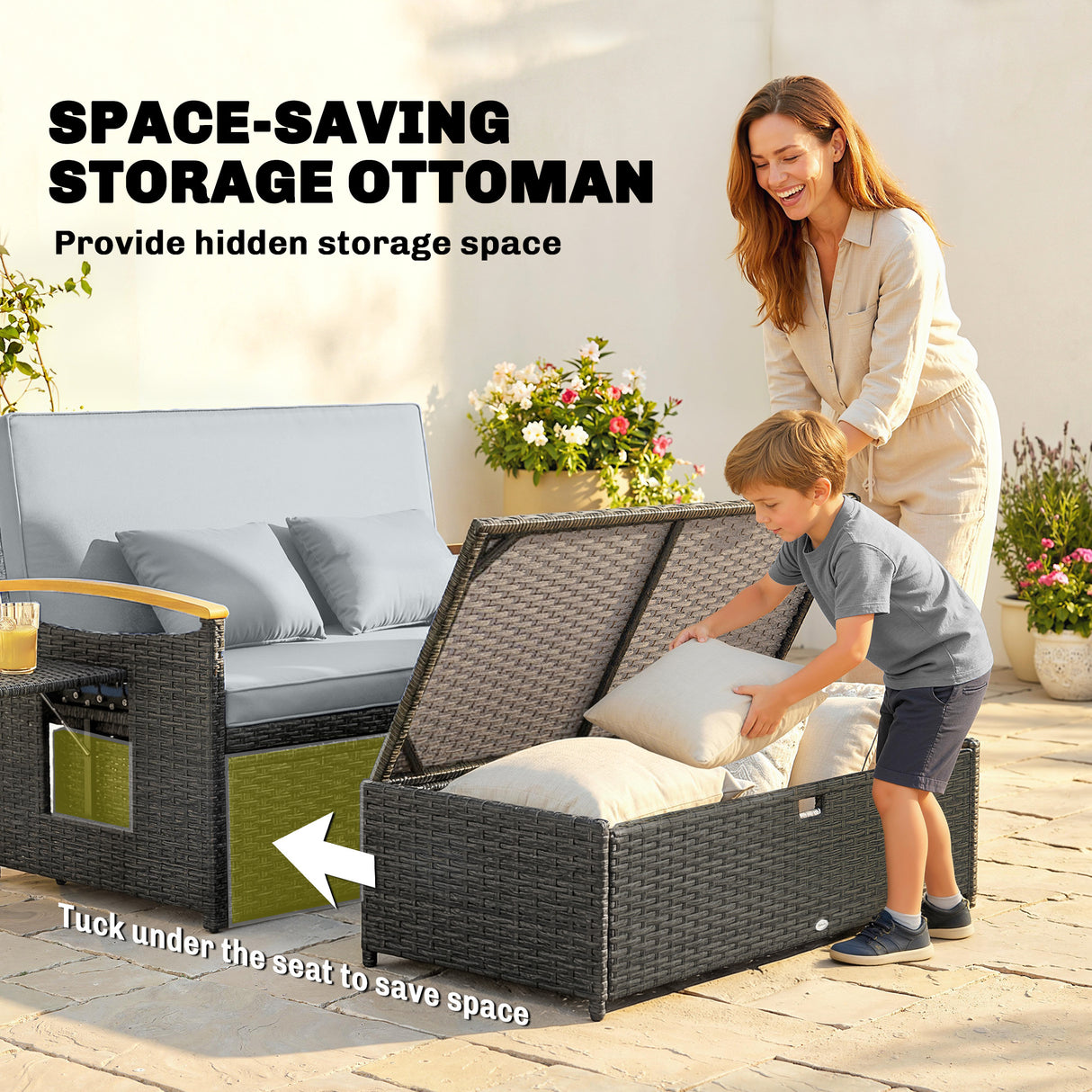 Poly Rattan Wicker Double Garden Sun Daybed With Storage Ottoman - Velmora