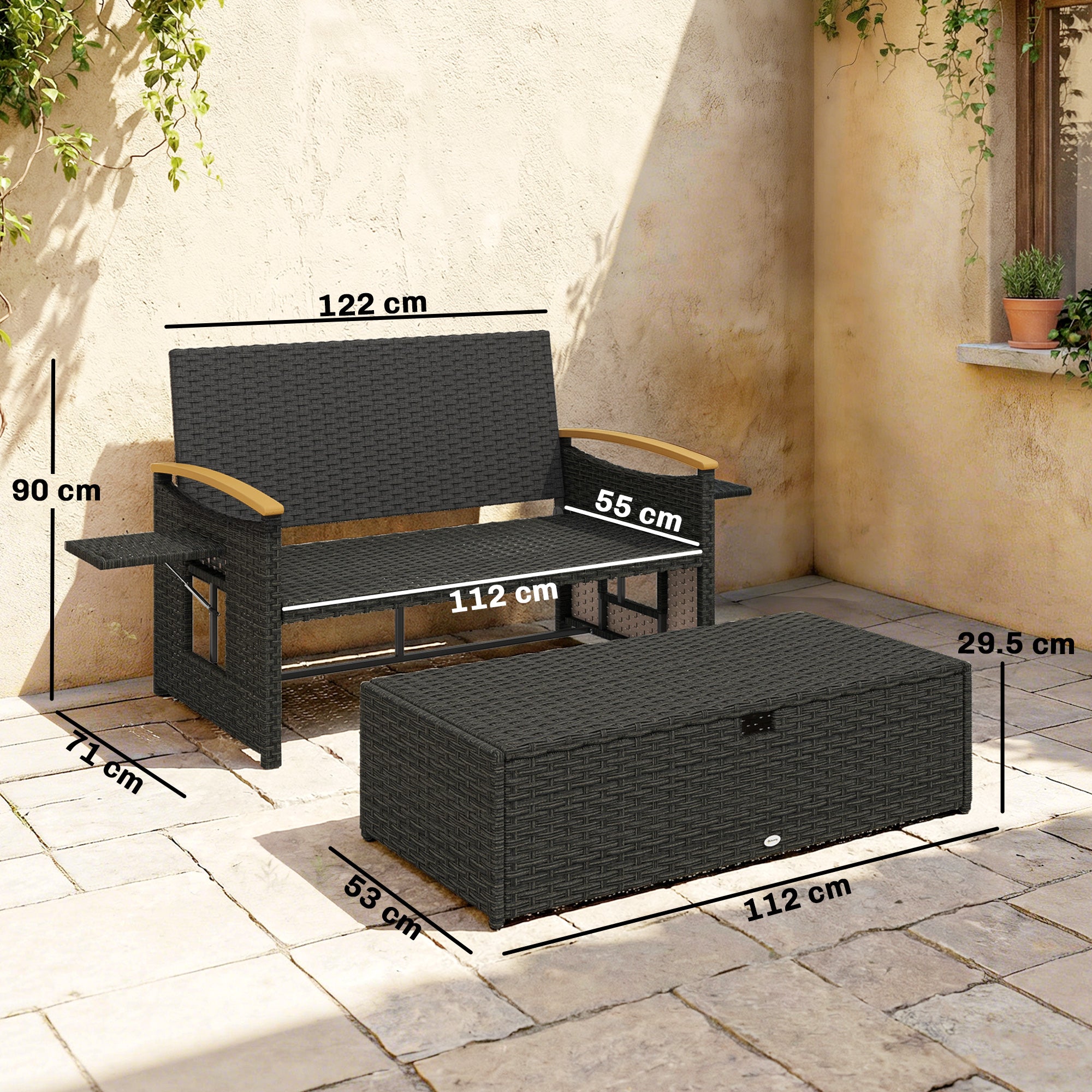 Poly Rattan Wicker Double Garden Sun Daybed With Storage Ottoman - Velmora