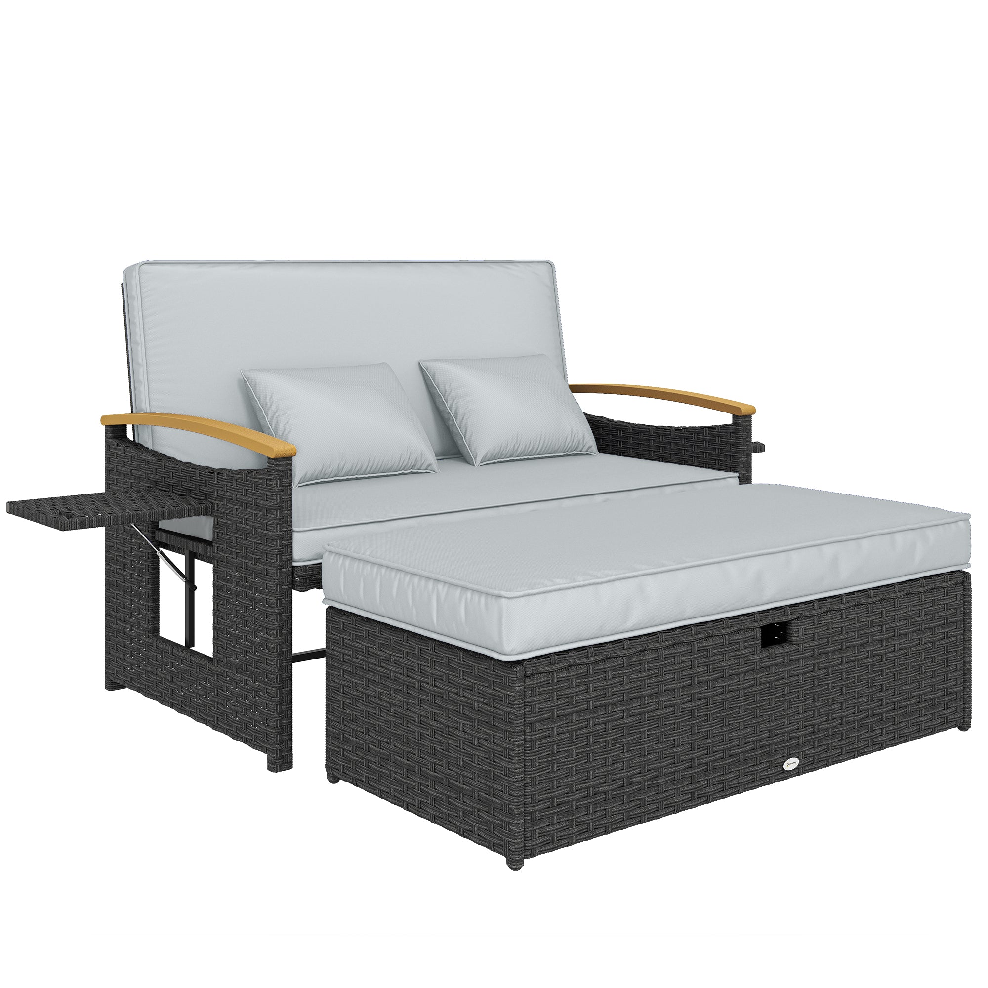 Poly Rattan Wicker Double Garden Sun Daybed With Storage Ottoman - Velmora