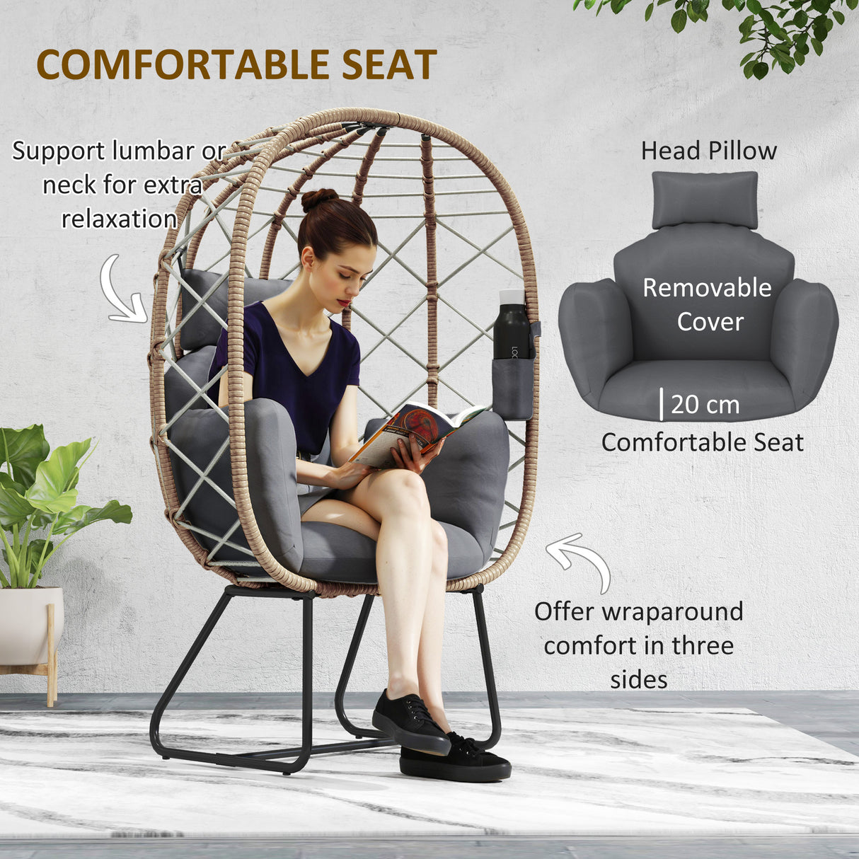 Poly Rattan Wicker Egg Chair With Thickened Cushion and Headrest - Velmora