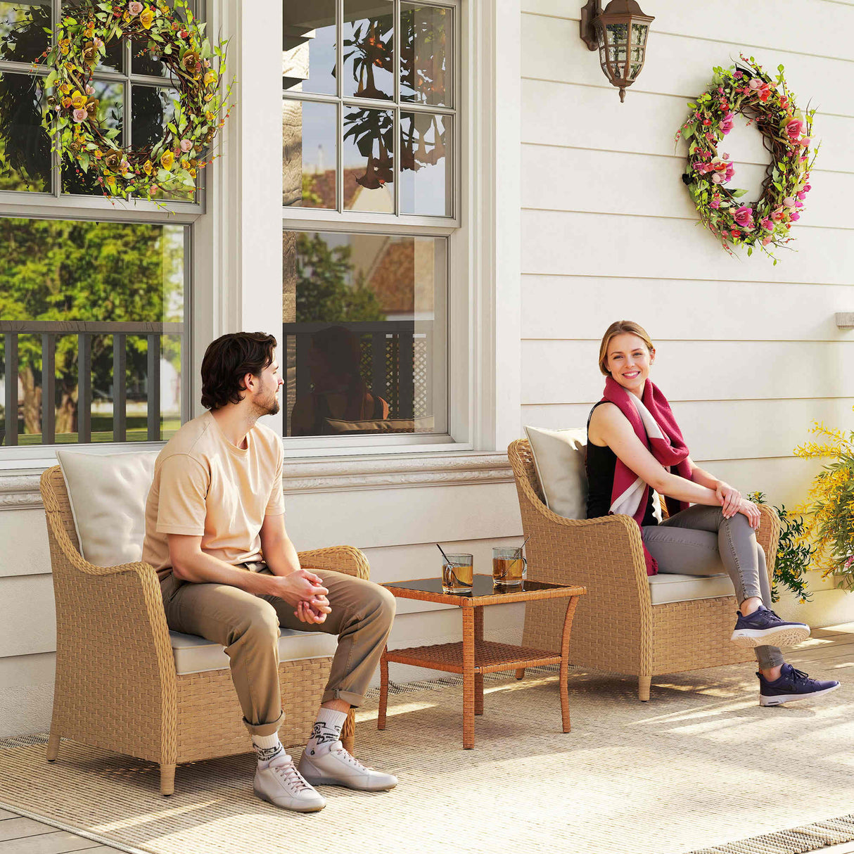 Poly Rattan Wicker Garden Armchairs in Set of 2 With Cushions - Velmora